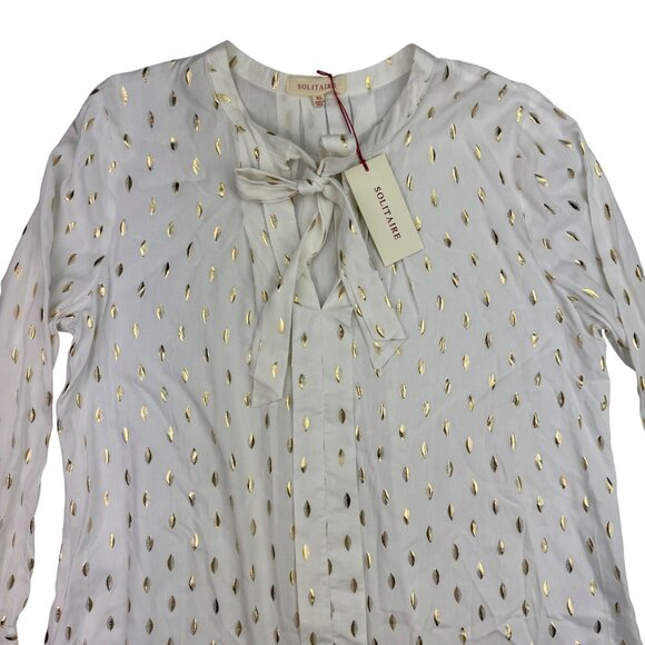 Solitaire White/Gold Geometric Foil Neck Tie ruffle cuff Blouse Women's sz XL - Picture 2 of 9
